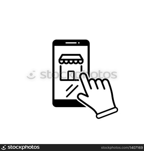 Online shopping, stores. The smartphone with hand icon. The concept of mobile marketing on an isolated background. EPS 10 vector.. Online shopping, stores. The smartphone with hand icon. The concept of mobile marketing on an isolated background. EPS 10 vector