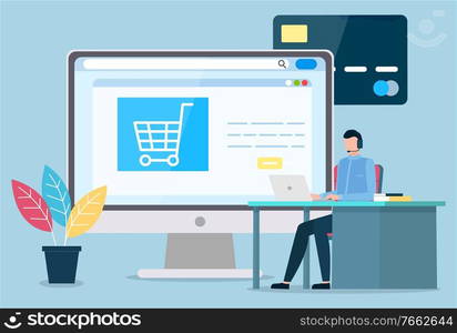 Online shopping through internet. Man use laptop for pay purchase by credit or debit card. Worker sit on chair by table at office. Monitor with opened website. Vector illustration in flat style. Man Work on Laptop, Website for Online Shopping