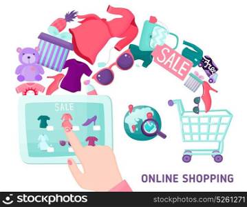 Online Shopping Touchscreen Concept. Online shopping composition with hand drawn style tablet geolocation shopping cart basket and goods for sale vector illustration
