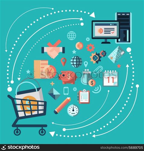 Online shopping trading concept with cart and computer monitor vector illustration