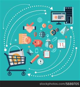 Online shopping trading concept with cart and computer monitor vector illustration