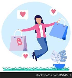 Online shopping trendy style vector illustration. Happy women after shopping, buying necessities, according to expectations.
