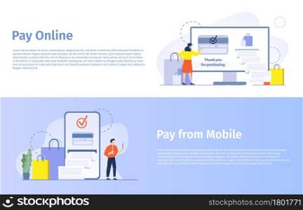 Online shopping vector banner. Woman buying products in internet, paying with credit card and getting cheque. Man using smartphone to get purchases. Online payment verification illustration. Online shopping vector banner. Woman buying products in internet, paying with credit card and getting cheque