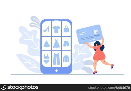 Online shopping. Vector hand drawn woman with bank card runs to buy goods. The product catalog in telephone on the web browser page. Shopping boxes. Landing web page template.. Online shopping. Vector hand drawn woman with bank card runs to buy goods. The product catalog in telephone on the web browser page. Shopping boxes. Landing web page template