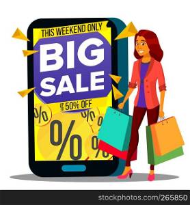 Online Shopping Vector. Modern Beautiful Woman Standing With Shopping Bag And Buying Clothes Online With Mobile. Illustration. Online Shopping Vector. Modern Beautiful Woman Standing With Shopping Bags And Buying Clothes Online With Mobile. Illustration