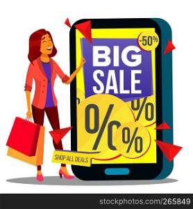 Online Shopping Vector. Modern Beautiful Woman Standing With Shopping Bags, Buying Clothes Online. Illustration. Online Shopping Vector. Modern Beautiful Woman Standing With Shopping Bags And Buying Clothes Online. Illustration