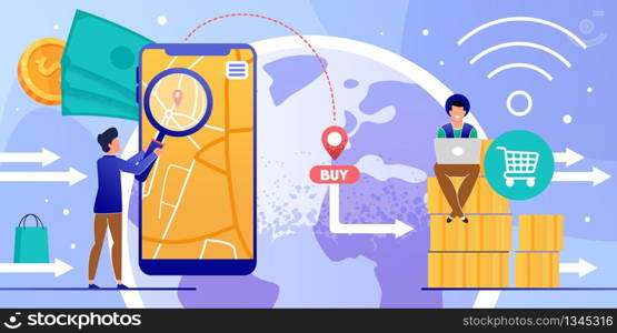 Online Shopping via Mobile App and Laptop Cartoon. Man Using Phone Navigator for Finding Order Location. Hipster Pay through Internet. Express Worldwide Delivery. Vector Flat Illustration. Online Shopping via Mobile App and Laptop Cartoon