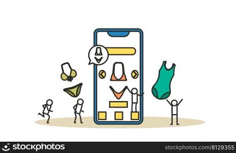 Online shopping via the Internet. Woman chooses and buys bikini through phone apps vector illustration