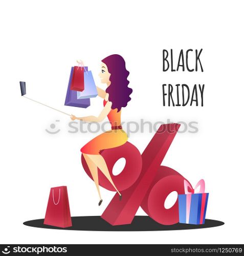 Online Shopping Website Element Template. Black Friday Sale Flat Illustration. Woman Sitting on Percentage. Selfie with Purchases Concept. Bonuses and Discounts. Online Shop Web Banner. Online shopping website element template