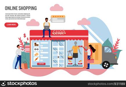 Online shopping with character.Creative flat design for web banner