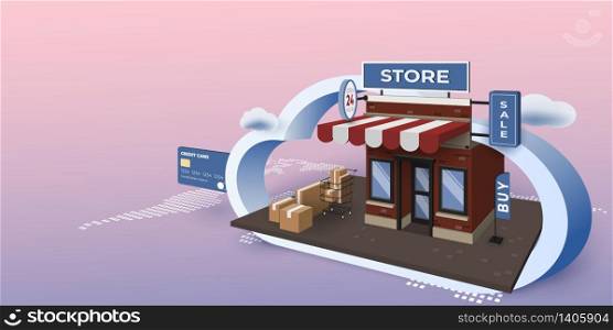 Online shopping with mobile application. Business digital marketing concept. Store building with cloud on world map. 3d perspective vector illustration
