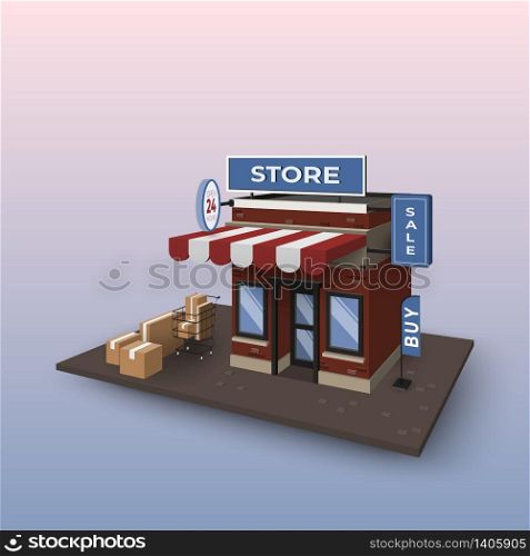 Online shopping with mobile application. Business digital marketing concept. Store building with smartphone on world map. 3d perspective vector illustration