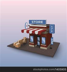 Online shopping with mobile application. Business digital marketing concept. Store building with smartphone on world map. 3d perspective vector illustration