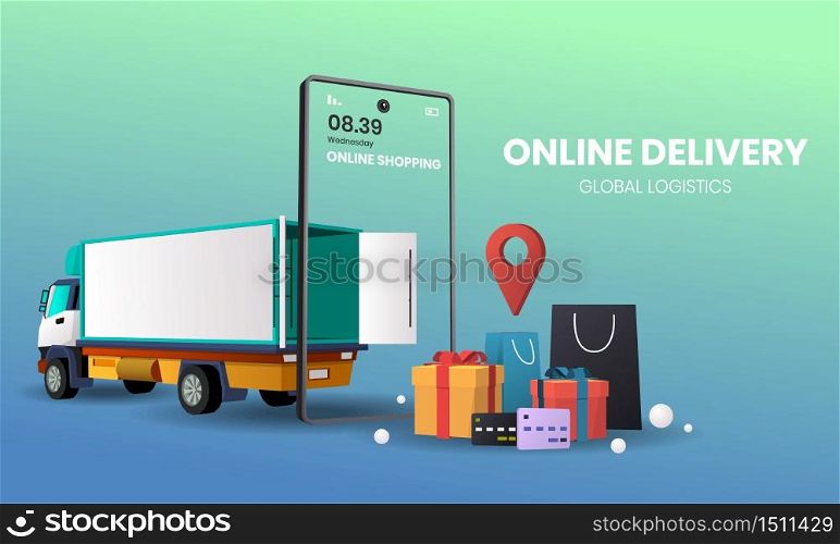 online shopping with truck Vector for banner, poster, flyer