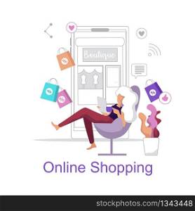 Online Shopping. Woman chooses Shopping Store home. Young Girl Sitting Chair with Laptop and orders Creative Mobile goods. Store Supports Social Networks. Discount Orders Online Store.