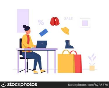Online shopping. Woman sitting a desk with laptop and buying different goods. Female character purchasing wallet, jacket, boots and hat on sale and adding to paper bag vector illustration. Online shopping. Woman sitting a desk with laptop and buying different goods. Female character purchasing