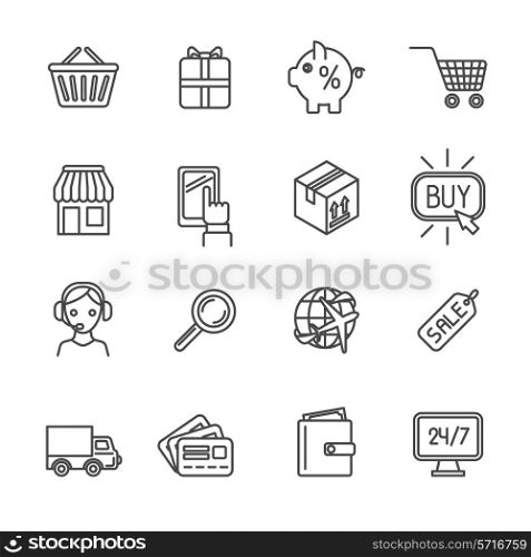 Online shopping worldwide delivery e-commerce outline icons set isolated vector illustration