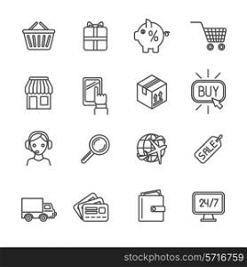 Online shopping worldwide delivery e-commerce outline icons set isolated vector illustration