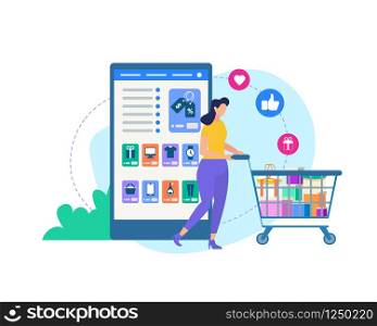 Online Shopping. Young Woman with Trolley. Huge Smartphone with Online Shop Application. Icons Flying Out of Shopping Cart with Purchases Isolated on White Background Cartoon Flat Vector Illustration. Woman with Trolley and Online Shop Application.