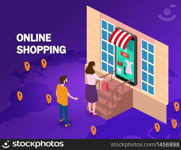 Online shopping young women and man character hand serves a package with purchase from smartphone internet shop.. Online shopping young women and man character hand serves a package with purchase from smartphone internet shop. Isometric supermarket with icons, awning, palnet Earth background. Vector concept and Digital marketing landing page template