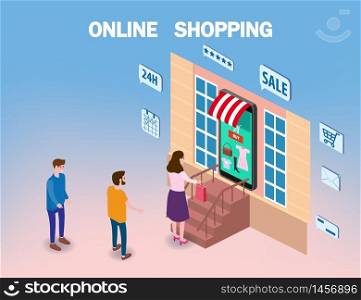 Online shopping young women and mans character hand serves a package with purchase from smartphone internet shop.. Online shopping young women and mans character hand serves a package with purchase from smartphone internet shop. Isometric supermarket with icons, awning. Vector concept and Digital marketing landing page template