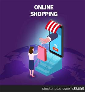 Online shopping young women character hand serves a package with purchase from smartphone internet shop.. Online shopping young women character hand serves a package with purchase from smartphone awning internet shop. Isometric supermarket, palnet Earth background. Vector concept and Digital marketing landing page template