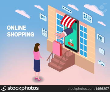 Online shopping young women character hand serves a package with purchase from smartphone internet shop.. Online shopping young women character hand serves a package with purchase from smartphone awning internet shop. Isometric supermarket. Vector concept and Digital marketing landing page template