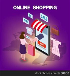 Online shopping young women character hand serves a package with purchase from smartphone internet shop.. Online shopping young women character hand serves a package with purchase from smartphone internet shop. Isometric supermarket with icons, awning, palnet Earth background. Vector concept and Digital marketing landing page template