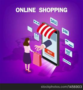 Online shopping young women character hand serves a package with purchase from smartphone internet shop.. Online shopping young women character hand serves a package with purchase from smartphone internet shop. Isometric supermarket with icons, awning palnet Earth background. Vector concept and Digital marketing landing page template