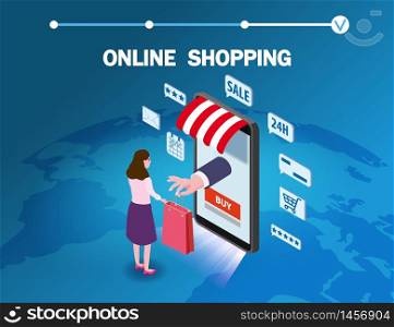 Online shopping young women character makes a purchase smartphone internet shop. Online shopping young women character makes a purchase smartphone internet shop. Isometric supermarket with icons, awning, palnet Earth background. Vector concept and Digital marketing landing page template
