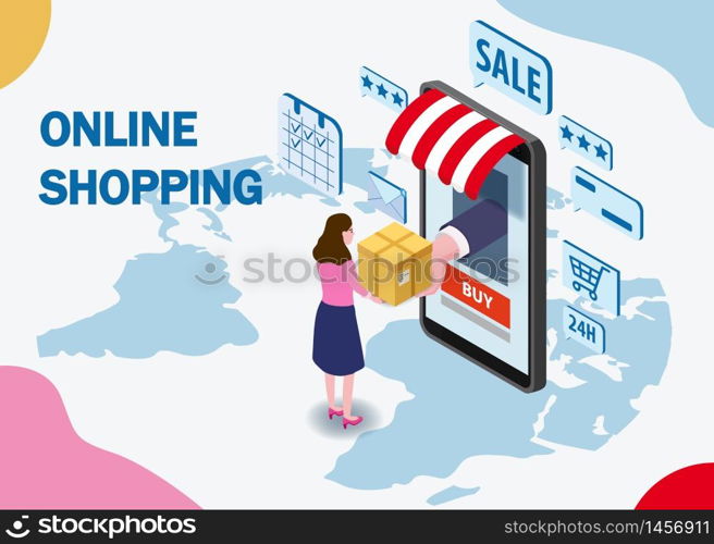 Online shopping young women character makes a purchase smartphone internet shop. Online shopping young women character makes a purchase smartphone internet shop. Isometric supermarket with icons, awning above online store front door. Vector concept and Digital marketing landing page template