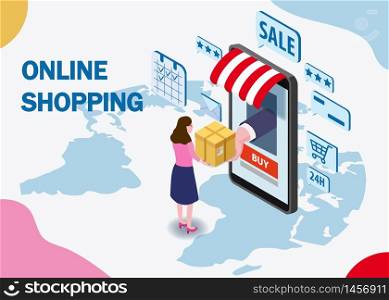 Online shopping young women character makes a purchase smartphone internet shop. Online shopping young women character makes a purchase smartphone internet shop. Isometric supermarket with icons, awning above online store front door. Vector concept and Digital marketing landing page template