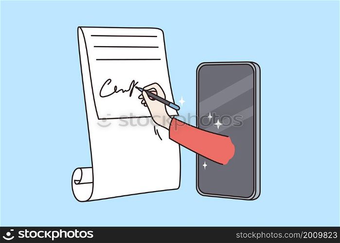 Online signing and identification concept. Human hand with pen signing official paper document contract online from smartphone screen vector illustration . Online signing and identification concept.