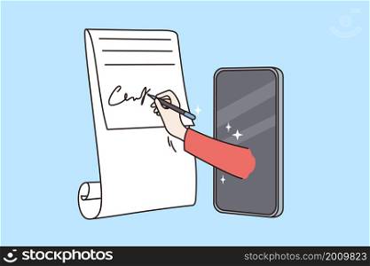 Online signing and identification concept. Human hand with pen signing official paper document contract online from smartphone screen vector illustration . Online signing and identification concept.