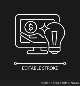 Online sponsorship white linear icon for dark theme. Small business incentives. Crowdfunding. Thin line customizable illustration. Isolated vector contour symbol for night mode. Editable stroke. Online sponsorship white linear icon for dark theme