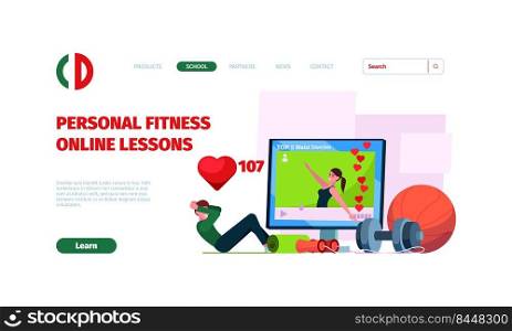 Online sport landing. Home fitness exercises personal web lessons and trainings with video instructor garish vector landing page with place for text. Illustration of home sport exercise online. Online sport landing. Home fitness exercises personal web lessons and trainings with video instructor garish vector landing page with place for text