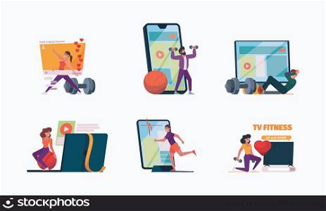 Online sport. Personal fitness exercises web broadcast translation coaching training with gadgets garish vector illustrations characters in flat style. Fitness training sport online. Online sport. Personal fitness exercises web broadcast translation coaching training with gadgets garish vector illustrations characters in flat style