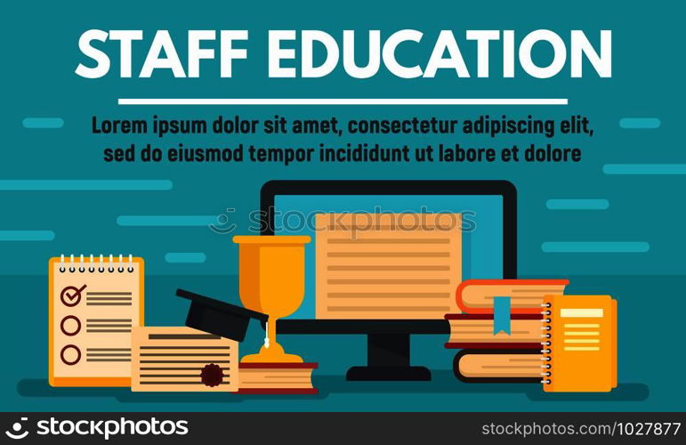 Online staff education concept banner. Flat illustration of online staff education vector concept banner for web design. Online staff education concept banner, flat style