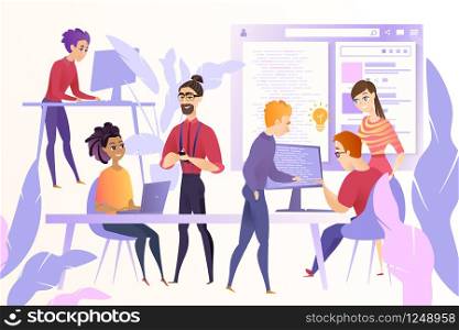 Online Startup Development Cartoon Vector Concept with Young Web Developers, Programmers or Coders Team Working Together at Office, Discussing Ideas, Correcting and Optimizing Code, Developing Website