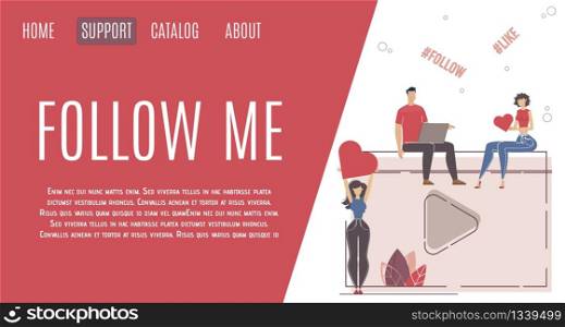 Online Startup for Bloggers, Live Video Streaming Service Website Landing Page, Web Banner Template. Man and Woman Blogger, Vlogger, Streamer Character Posting Content Trendy Flat Vector Illustration