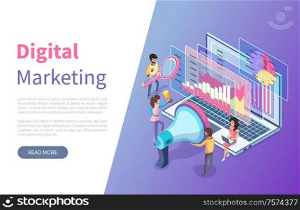 Online statistics and digital marketing graphics vector. Analysis and charts, megaphone and magnifier, marketologists and laptop, landing page or website. Digital Marketing Online Web Page, Statistics
