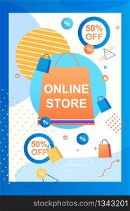 Online Store. 50 Percent Attracting Customers. Application Smartphone for Shopping Internet Space. Technology Attracting Customers Online Stores. Vector Illustration. Package from Store.