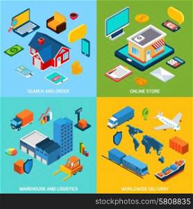 Online store and delivery design concept set with search order warehouse and logistics isometric icons isolated vector illustration. Online Store And Delivery