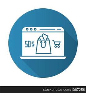 Online store app blue flat design long shadow glyph icon. Laptop screen with shopping bag. Choosing and adding goods to basket in internet shop. Digital commerce. Vector silhouette illustration