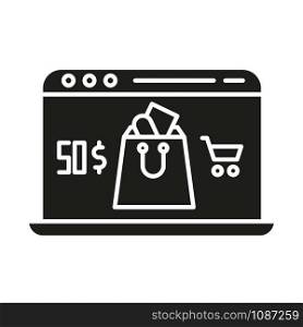 Online store app glyph icon. Laptop screen with shopping bag. Choosing and adding goods to basket in internet shop. Digital commerce. Silhouette symbol. Negative space. Vector isolated illustration