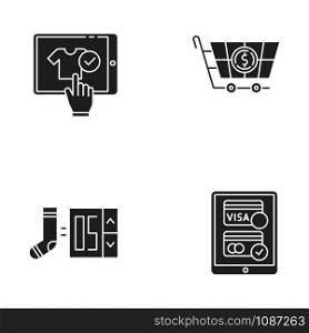 Online store app glyph icons set. Searching goods, choose product number. Payment by credit card. Digital shopping. Merchandise and consumerism. Silhouette symbols. Vector isolated illustration