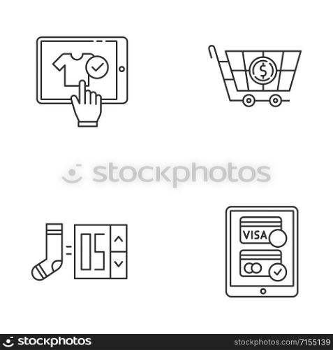 Online store app linear icons set. Searching goods, choose product number. Payment by credit card. Digital shopping. Thin line contour symbols. Isolated vector outline illustrations. Editable stroke