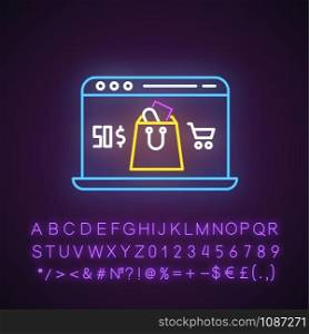 Online store app neon light icon. Laptop screen with shopping bag. Adding goods to basket in internet shop. Digital commerce. Glowing sign with alphabet, numbers, symbols. Vector isolated illustration