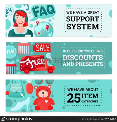 Online Store Banners Set. Online shopping horizontal banners collection with cartoon style images of goods gift boxes and support agent vector illustration