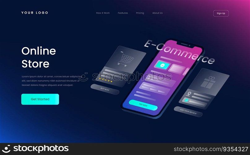 Online Store Business Landing Page Template with Gradient Background and Isometric 3d Vector Illustration glass effect